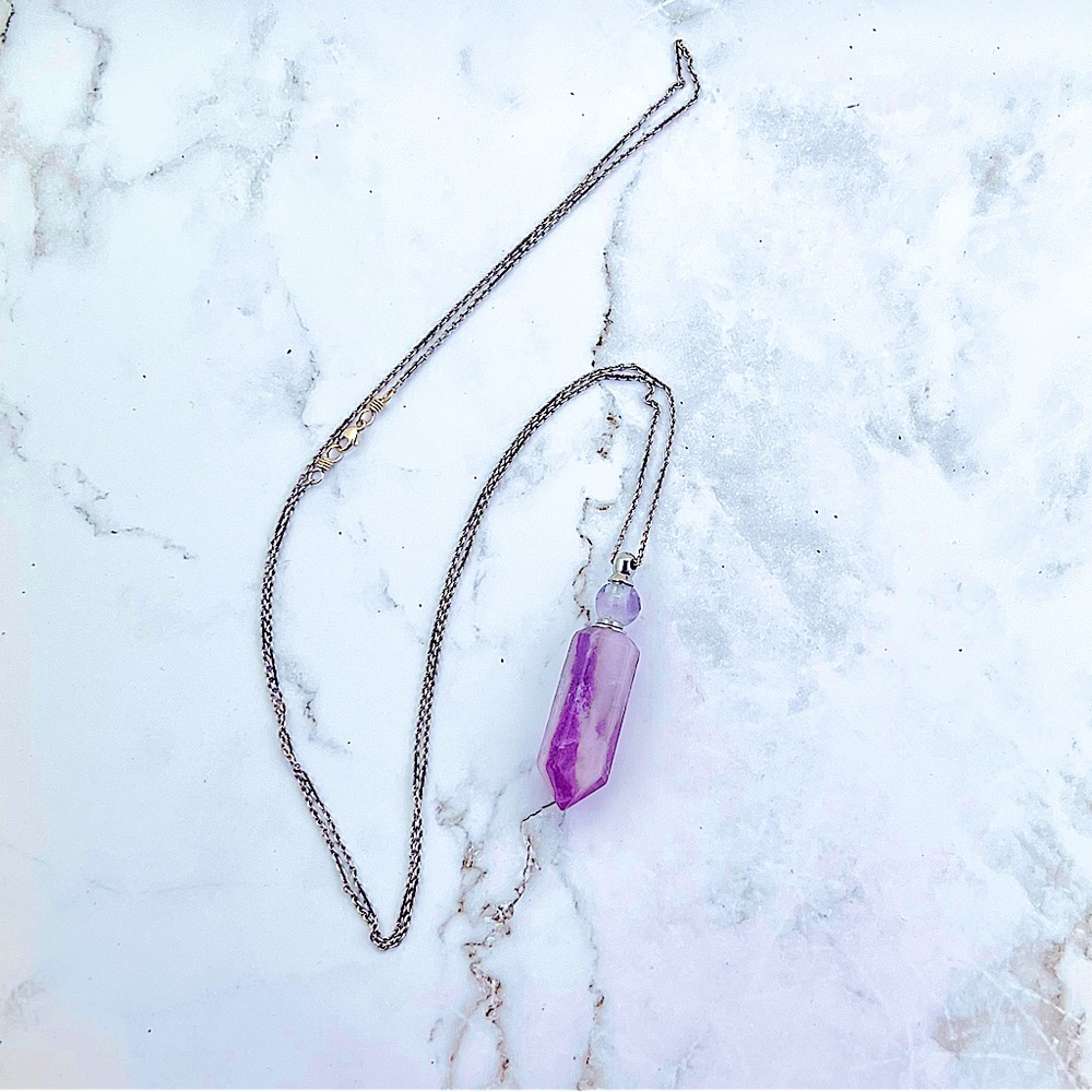 Natural Amethyst Aromatherapy Necklace 36 in chain 2.25 Stone Pendant Diffuser